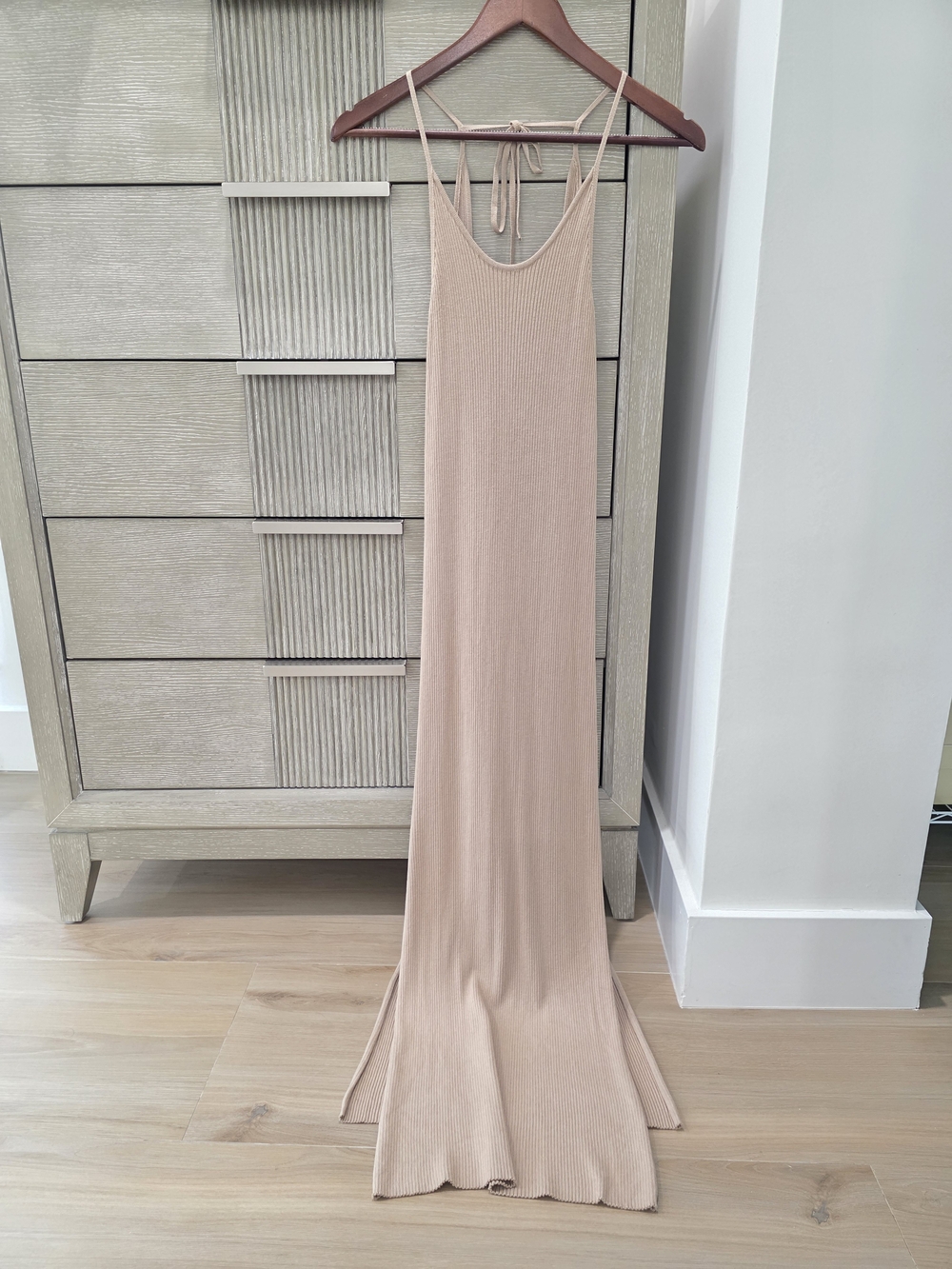 Bershka Ribbed Backless Maxi Dress | XS | Nude Beige